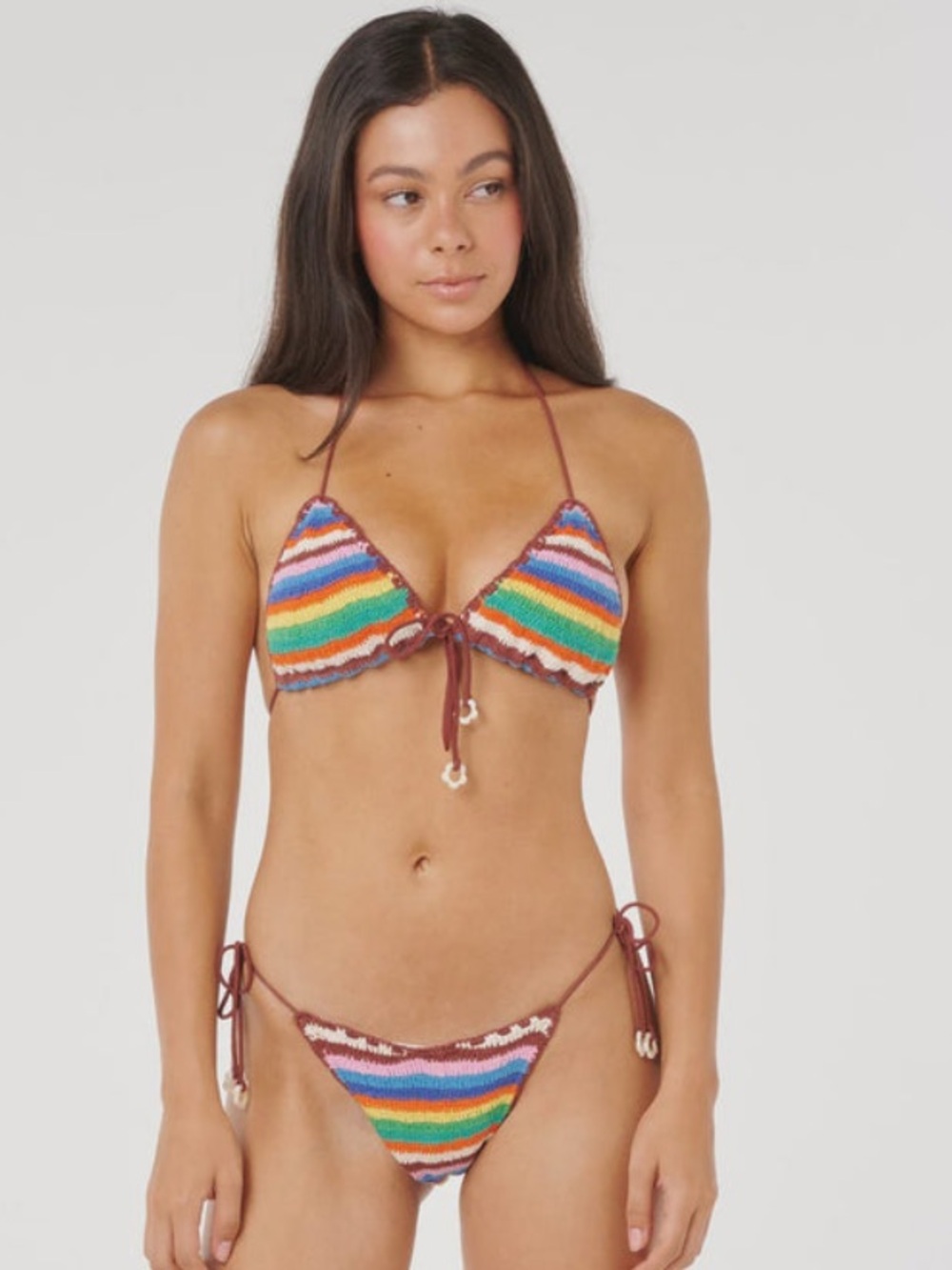 Rip Curl rainbow stripe crochet tri bikini top skimpy string bottoms S